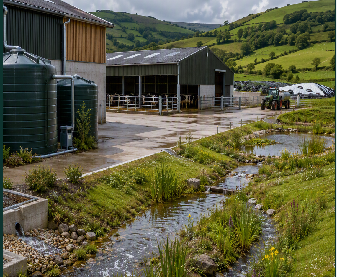 An image of a dairy farm. A stream is shown in the foreground with a barn filled with cows and a tractor in the background